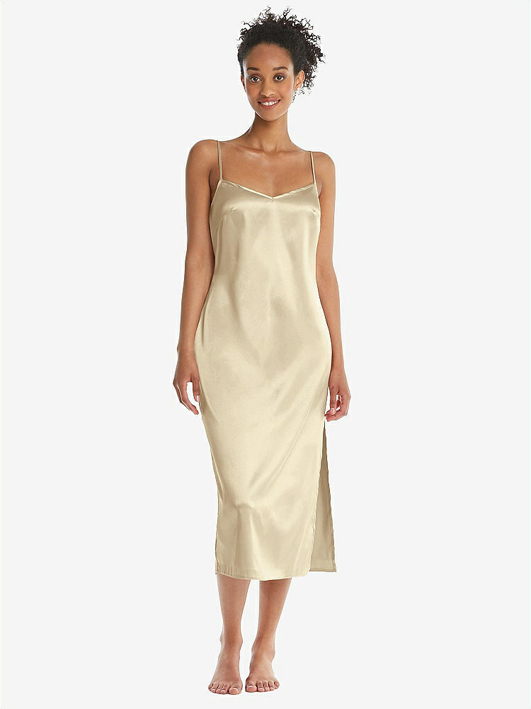 Front View - Banana  Midi Stretch Satin Slip with Adjustable Straps - Asley
