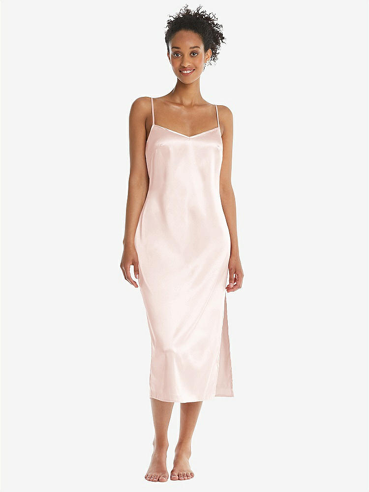 Front View - Blush  Midi Stretch Satin Slip with Adjustable Straps - Asley