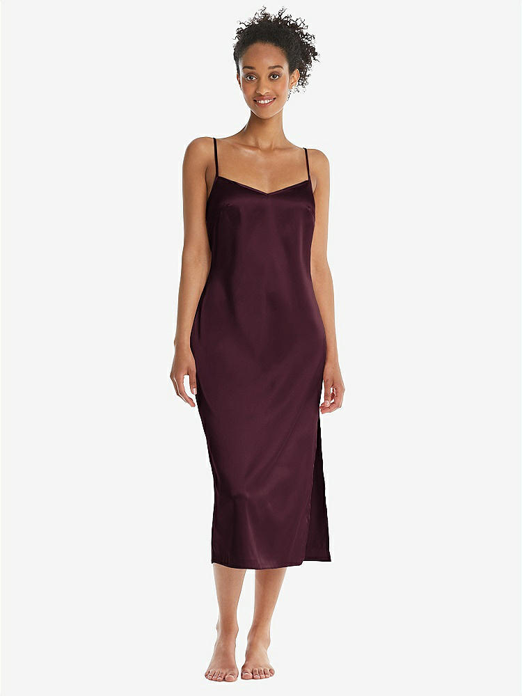 Front View - Bordeaux  Midi Stretch Satin Slip with Adjustable Straps - Asley