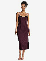 Front View Thumbnail - Bordeaux  Midi Stretch Satin Slip with Adjustable Straps - Asley