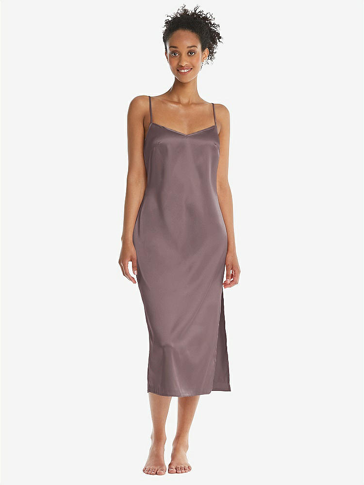 Front View - French Truffle  Midi Stretch Satin Slip with Adjustable Straps - Asley