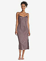 Front View Thumbnail - French Truffle  Midi Stretch Satin Slip with Adjustable Straps - Asley