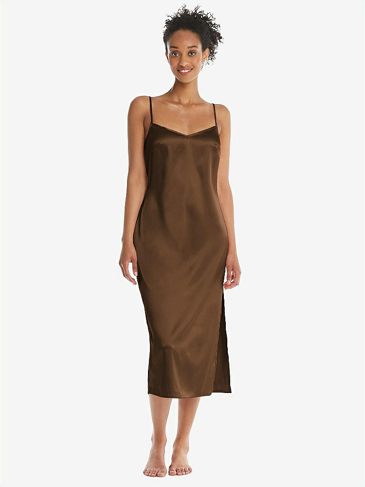 Front View - Latte  Midi Stretch Satin Slip with Adjustable Straps - Asley