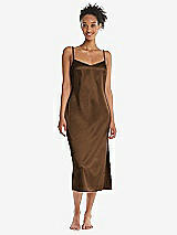 Front View Thumbnail - Latte  Midi Stretch Satin Slip with Adjustable Straps - Asley
