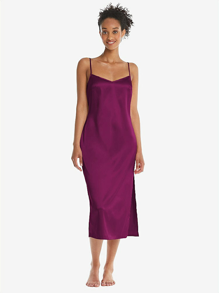 Front View - Merlot  Midi Stretch Satin Slip with Adjustable Straps - Asley