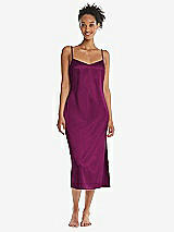 Front View Thumbnail - Merlot  Midi Stretch Satin Slip with Adjustable Straps - Asley