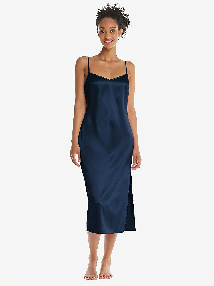 Front View - Midnight Navy  Midi Stretch Satin Slip with Adjustable Straps - Asley