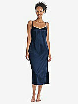 Front View Thumbnail - Midnight Navy  Midi Stretch Satin Slip with Adjustable Straps - Asley