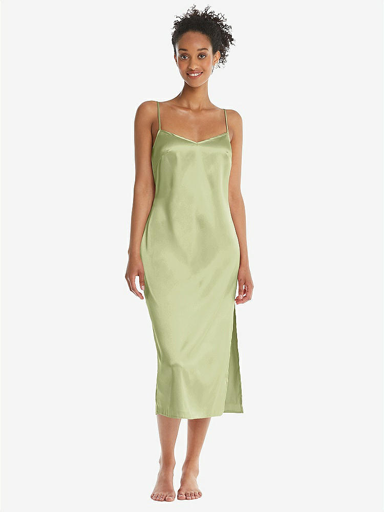 Front View - Mint  Midi Stretch Satin Slip with Adjustable Straps - Asley