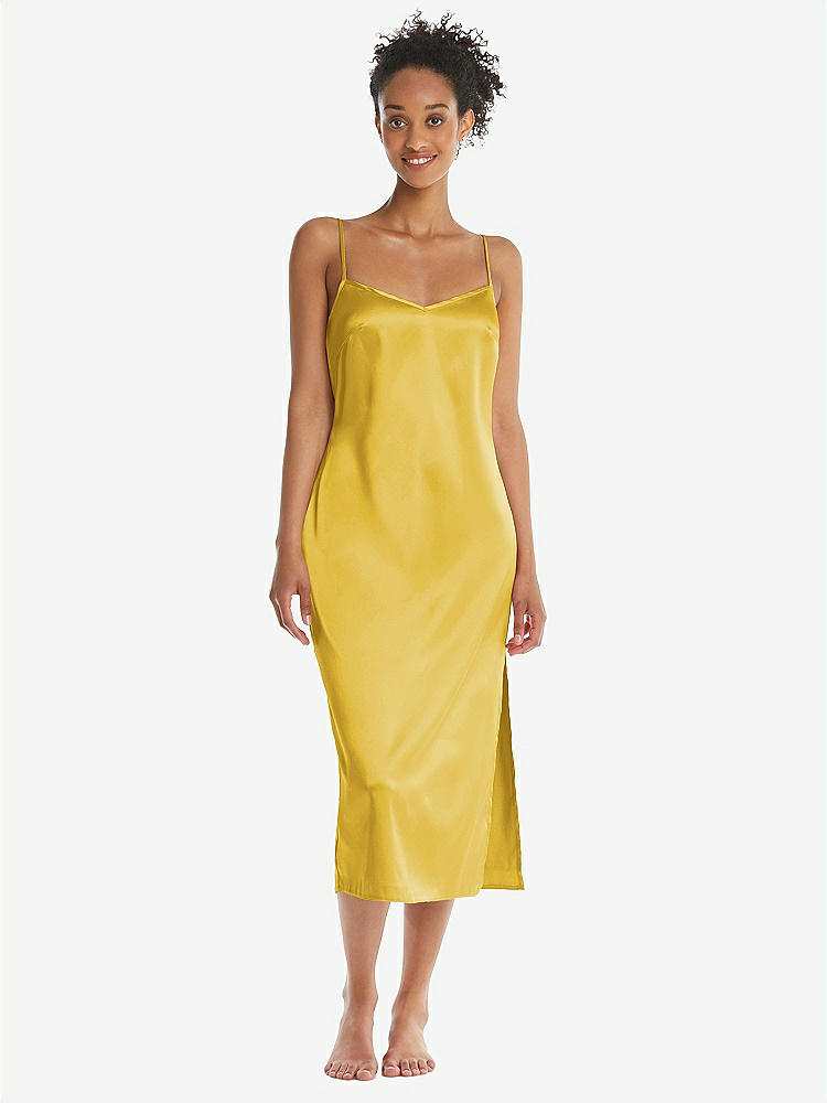 Front View - Marigold  Midi Stretch Satin Slip with Adjustable Straps - Asley