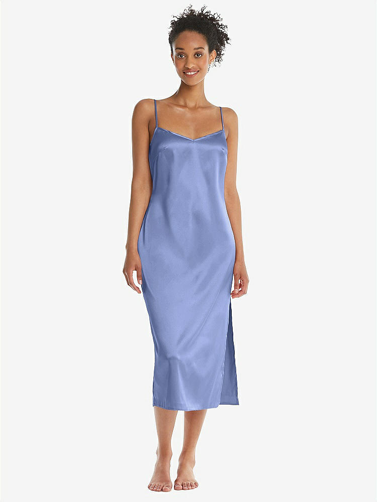 Front View - Periwinkle - PANTONE Serenity  Midi Stretch Satin Slip with Adjustable Straps - Asley