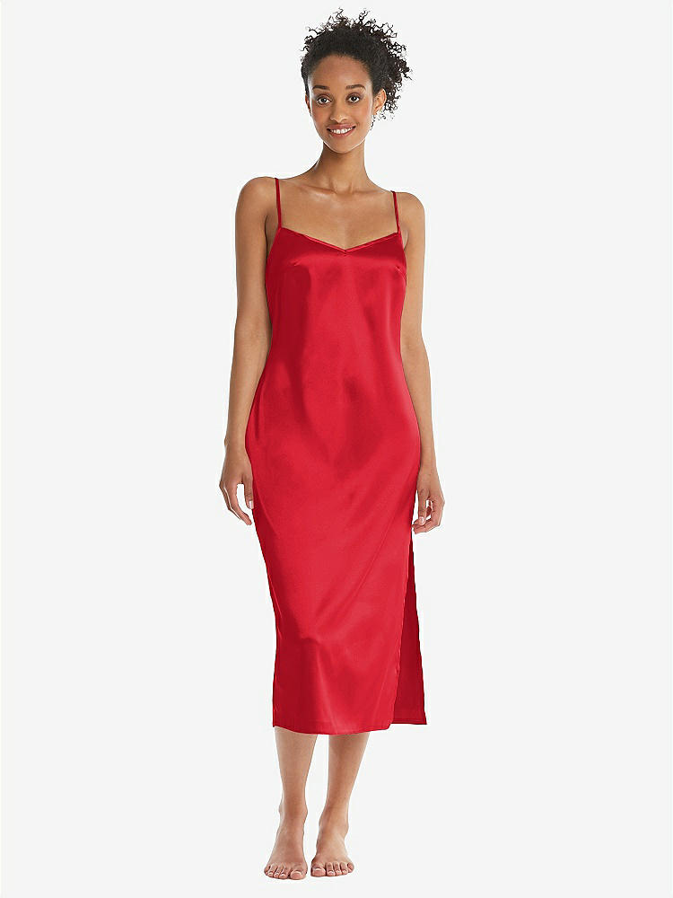 Front View - Parisian Red  Midi Stretch Satin Slip with Adjustable Straps - Asley