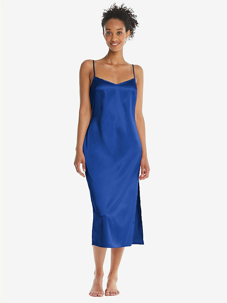 Front View - Sapphire  Midi Stretch Satin Slip with Adjustable Straps - Asley