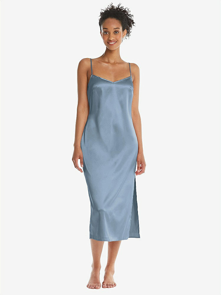 Front View - Slate  Midi Stretch Satin Slip with Adjustable Straps - Asley