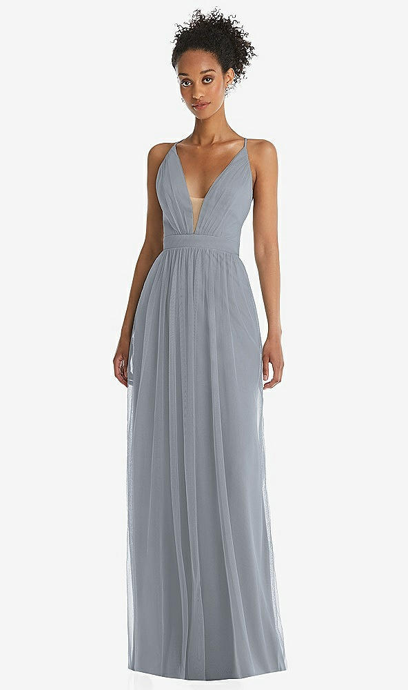 Front View - Platinum & Light Nude Illusion Deep V-Neck Tulle Maxi Dress with Adjustable Straps