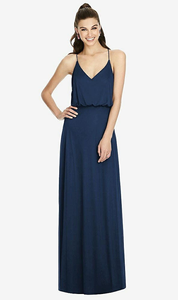 Front View - Midnight Navy Inverted V-Back Blouson A-Line Maxi Dress