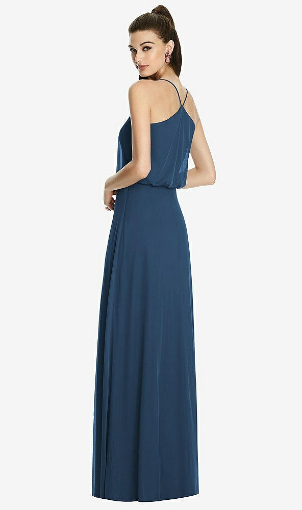 Back View - Sofia Blue Inverted V-Back Blouson A-Line Maxi Dress