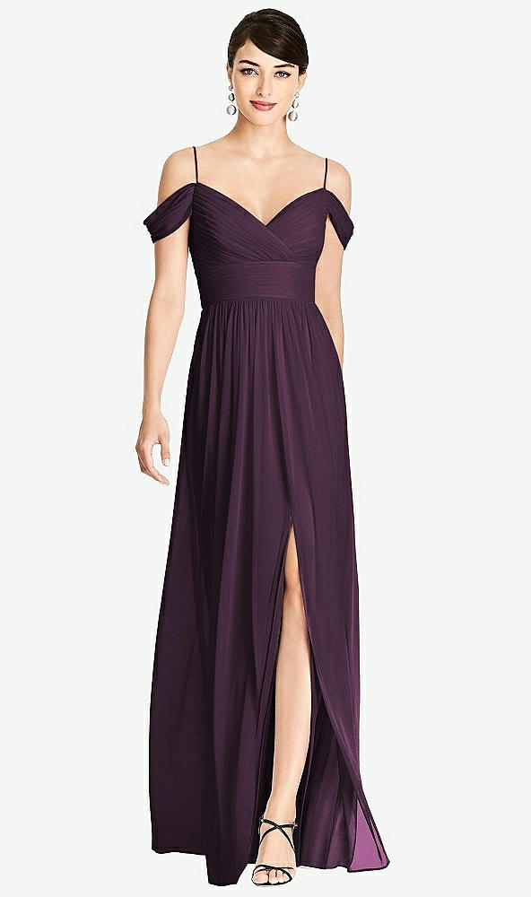 Front View - Aubergine Pleated Off-the-Shoulder Crossover Bodice Maxi Dress