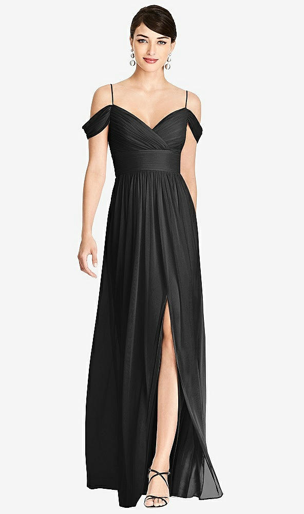 Front View - Black Pleated Off-the-Shoulder Crossover Bodice Maxi Dress