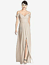 Front View Thumbnail - Nude Gray Pleated Off-the-Shoulder Crossover Bodice Maxi Dress