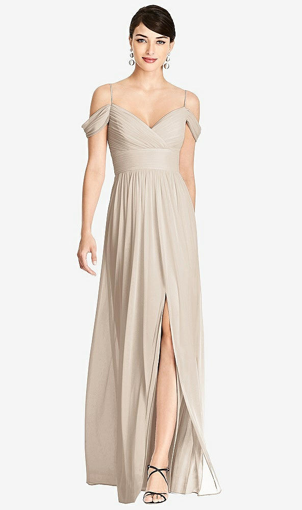 Front View - Nude Gray Pleated Off-the-Shoulder Crossover Bodice Maxi Dress