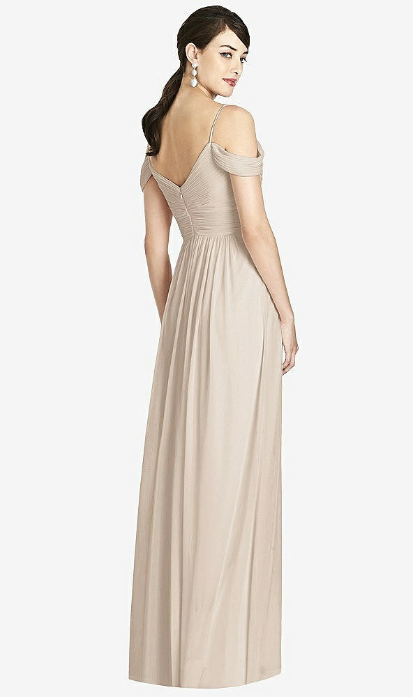 Back View - Nude Gray Pleated Off-the-Shoulder Crossover Bodice Maxi Dress
