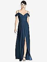 Front View Thumbnail - Sofia Blue Pleated Off-the-Shoulder Crossover Bodice Maxi Dress