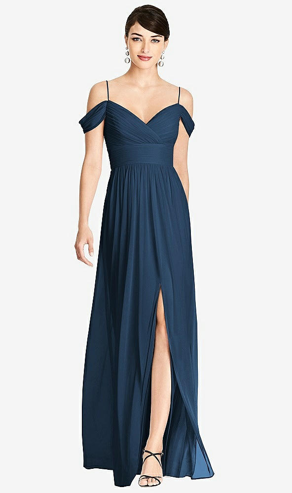 Front View - Sofia Blue Pleated Off-the-Shoulder Crossover Bodice Maxi Dress