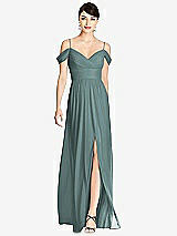 Front View Thumbnail - Smoke Blue Pleated Off-the-Shoulder Crossover Bodice Maxi Dress