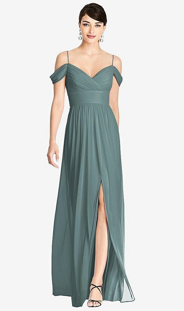 Front View - Smoke Blue Pleated Off-the-Shoulder Crossover Bodice Maxi Dress