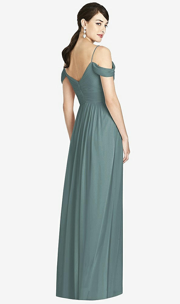 Back View - Smoke Blue Pleated Off-the-Shoulder Crossover Bodice Maxi Dress