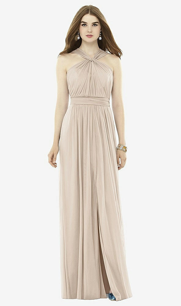 Front View - Nude Gray Twist Halter Low Illusion Back Maxi Dress