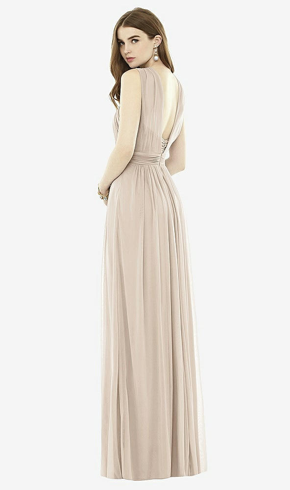 Back View - Nude Gray Twist Halter Low Illusion Back Maxi Dress