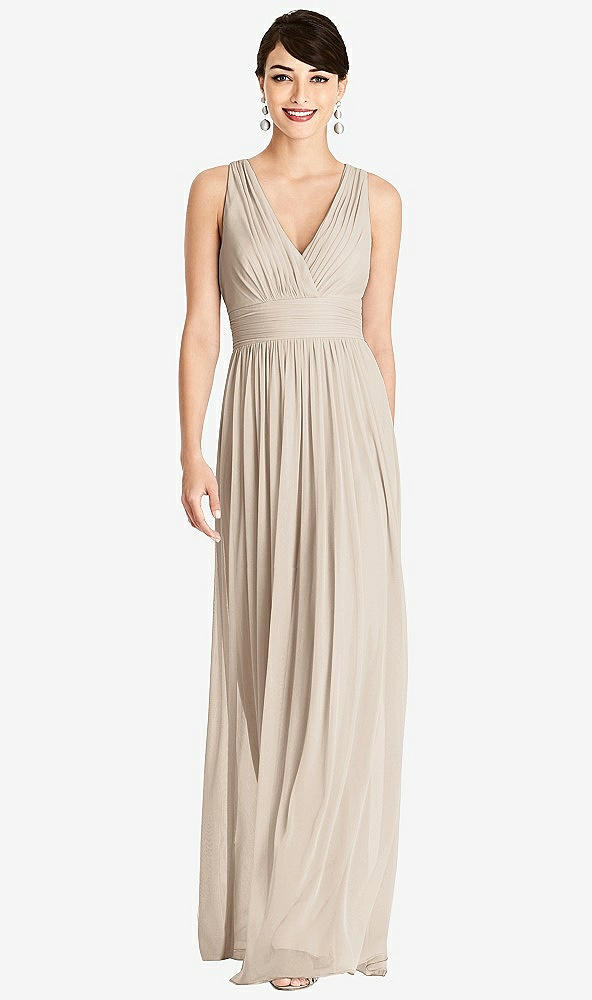 Front View - Nude Gray Shirred Wrap Bodice Twist Back Maxi Dress