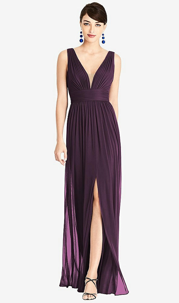 Front View - Aubergine & Light Nude Illusion Plunge Neck Shirred Maxi Dress