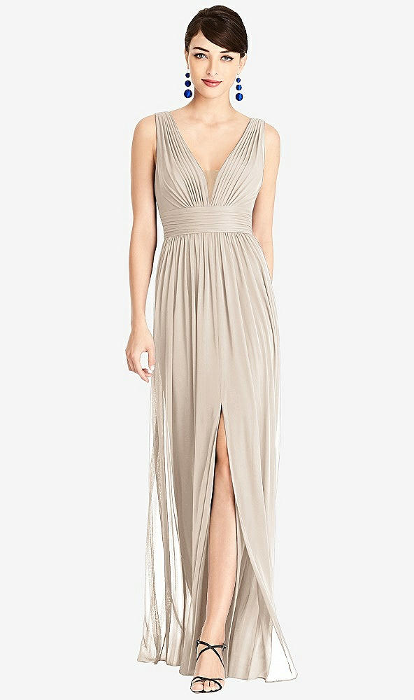 Front View - Nude Gray & Light Nude Illusion Plunge Neck Shirred Maxi Dress