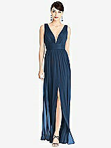 Front View Thumbnail - Sofia Blue & Light Nude Illusion Plunge Neck Shirred Maxi Dress