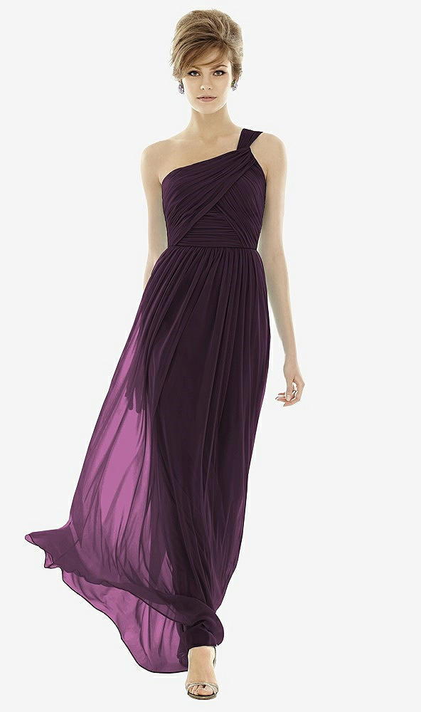 Front View - Aubergine One-Shoulder Asymmetrical Draped Wrap Maxi Dress