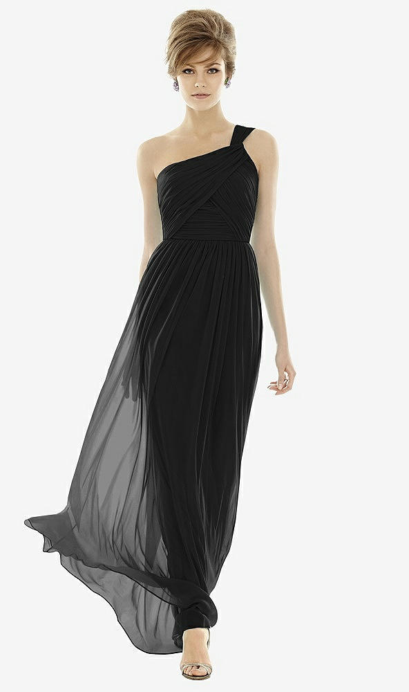Front View - Black One-Shoulder Asymmetrical Draped Wrap Maxi Dress