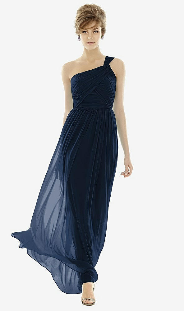 Front View - Midnight Navy One-Shoulder Asymmetrical Draped Wrap Maxi Dress