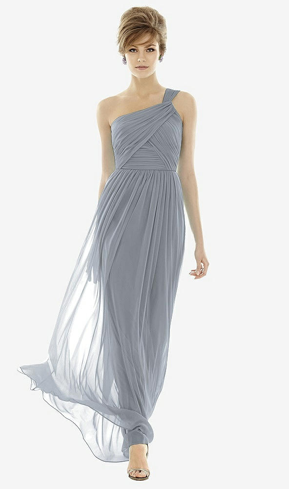 Front View - Platinum One-Shoulder Asymmetrical Draped Wrap Maxi Dress