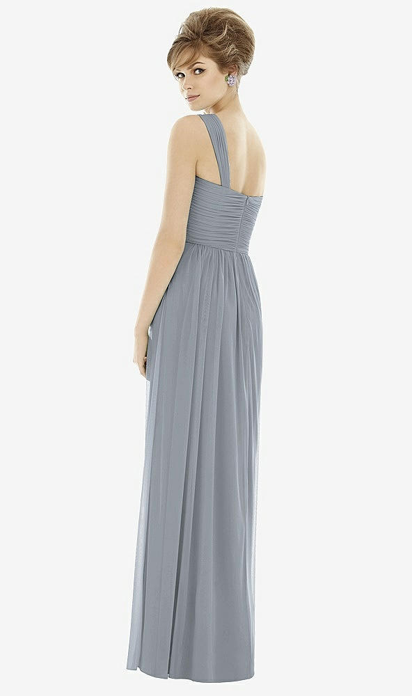 Back View - Platinum One-Shoulder Asymmetrical Draped Wrap Maxi Dress