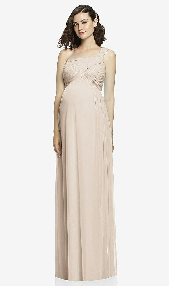 Front View - Nude Gray One-Shoulder Asymmetrical Draped Wrap Maternity Dress
