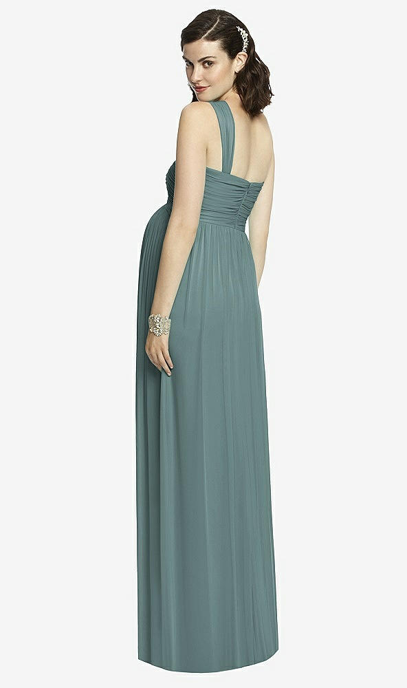 Back View - Smoke Blue One-Shoulder Asymmetrical Draped Wrap Maternity Dress