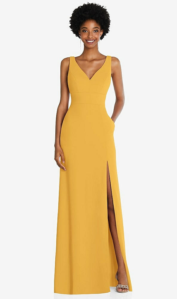 Front View - NYC Yellow Square Low-Back A-Line Dress with Front Slit and Pockets