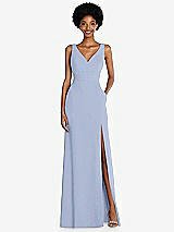 Front View Thumbnail - Sky Blue Square Low-Back A-Line Dress with Front Slit and Pockets