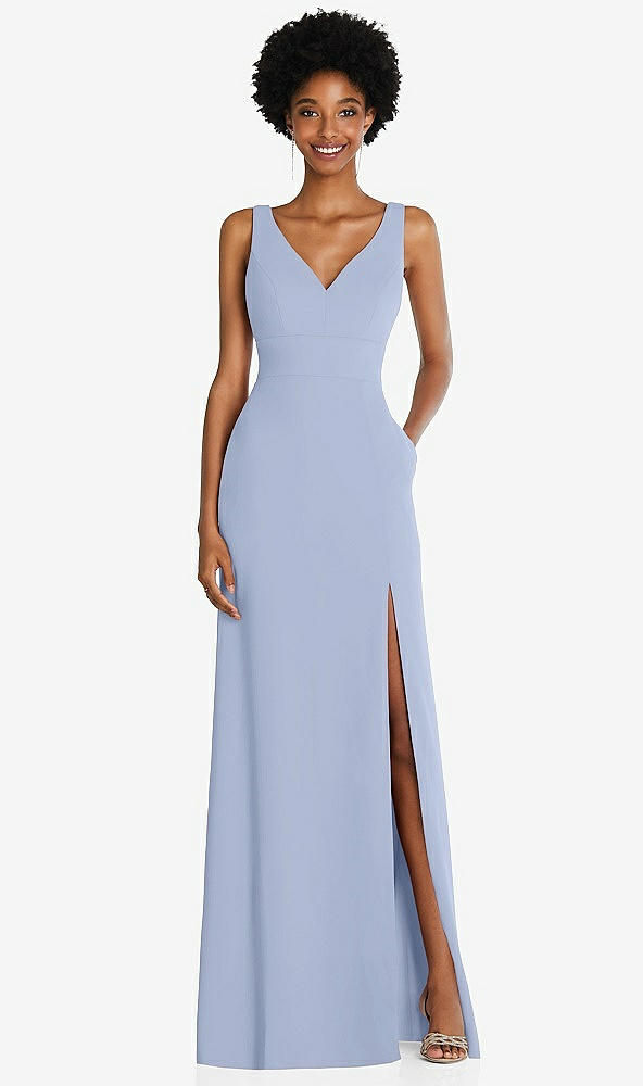 Front View - Sky Blue Square Low-Back A-Line Dress with Front Slit and Pockets