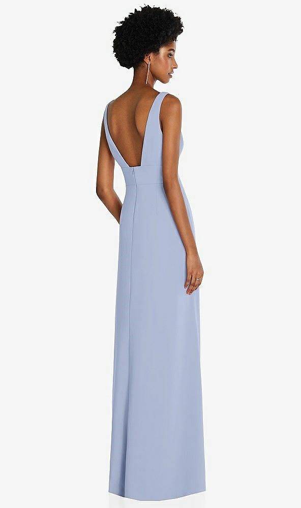Back View - Sky Blue Square Low-Back A-Line Dress with Front Slit and Pockets