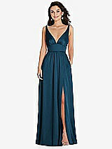 Front View Thumbnail - Atlantic Blue Deep V-Neck Shirred Skirt Maxi Dress with Convertible Straps