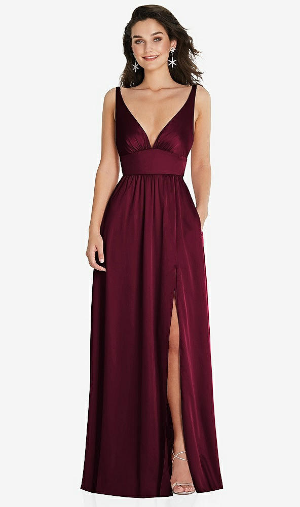 Front View - Cabernet Deep V-Neck Shirred Skirt Maxi Dress with Convertible Straps